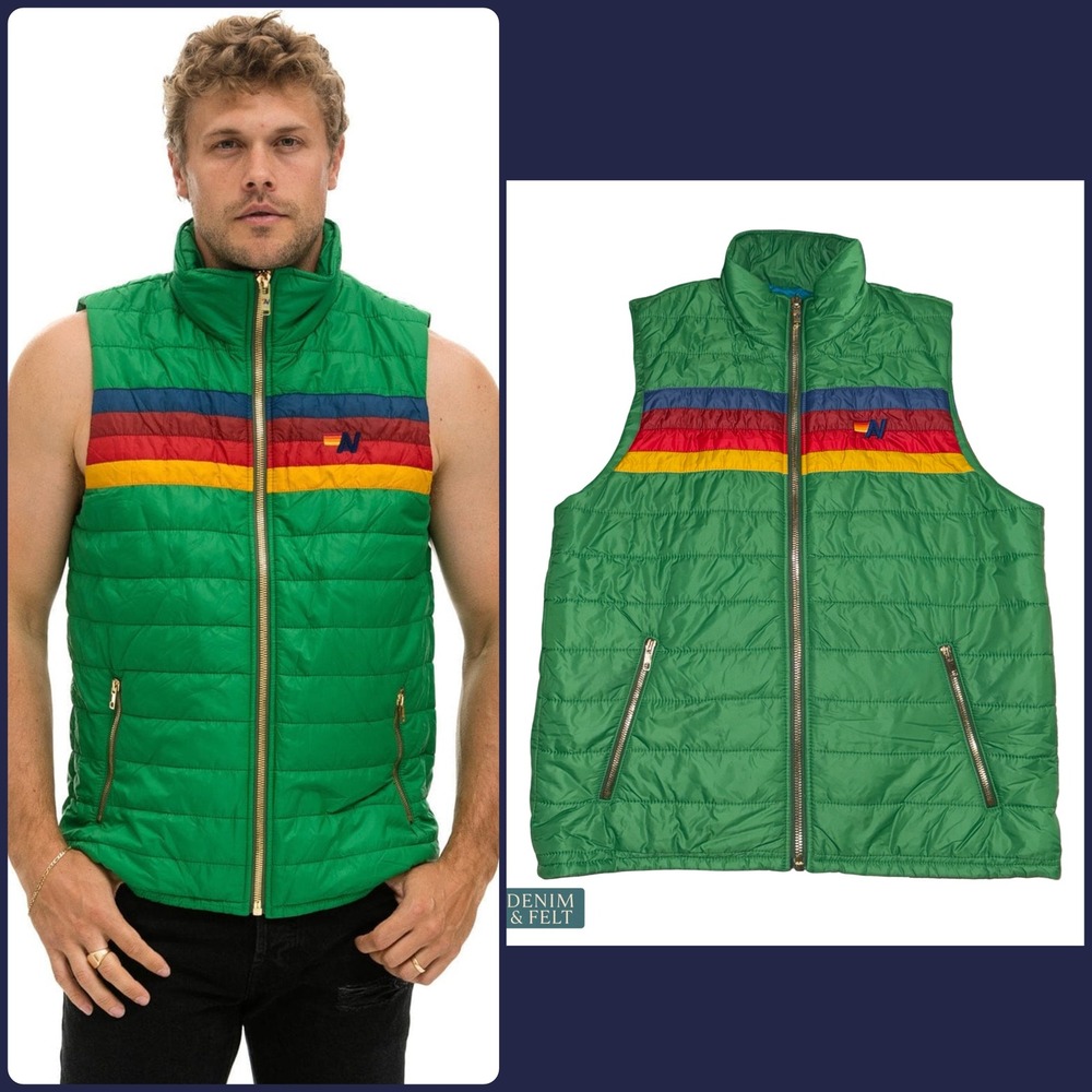 Aviator Nation Green Rainbow Stripe Quilted Puffer Vest Retro Ski Mens Medium